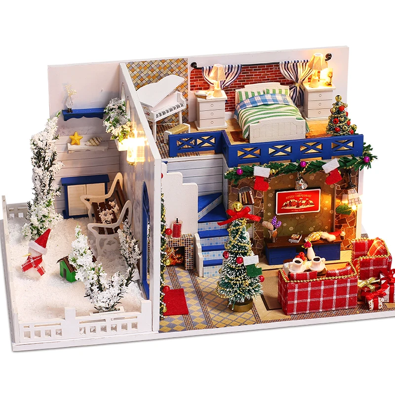 Синяя Рождественская кукла дом миниатюрная сцена деревянная головоломка DIY