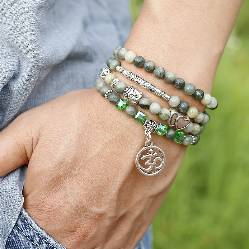 Natural Green Grass lace Agates Bracelet 108 Mala Bracelet Buddha Wing Pendant Chakra 6MM Beaded Necklace Yoga Prayer Bracelets