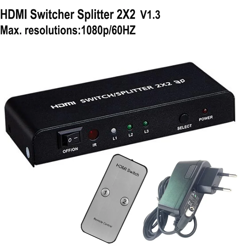 1080P HDMI 2X2 4K HDMI 2X2 переключатель разветвитель Матрица 2X4 5X1 Коммутатор HDMI с пультом дистанционного управления и блок питания для STB, синий dvd-плеер, 4K HDTV - Цвет: 1080P HDMI 2X2