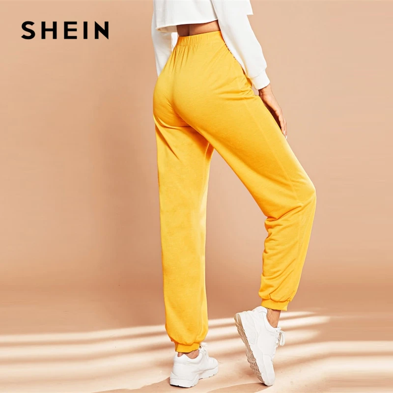 SHEIN Спортивные Брюки С Эластичной Талией Женские Желтые Повседневные Брюки С Высокой Талией