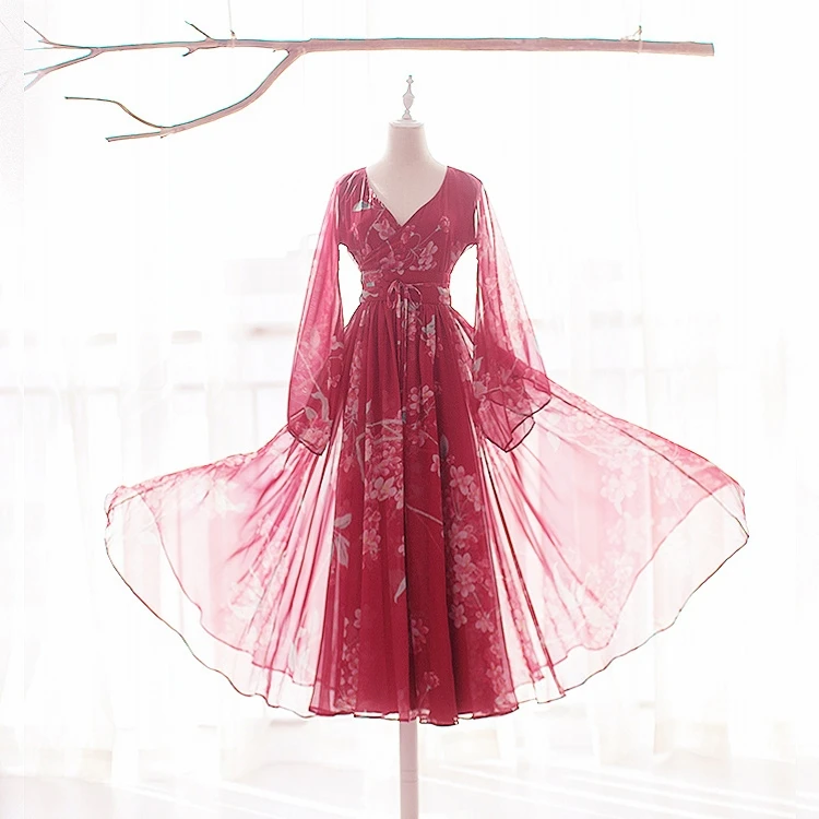 Женское винтажное платье с поясом красное длинным рукавом и цветочным принтом