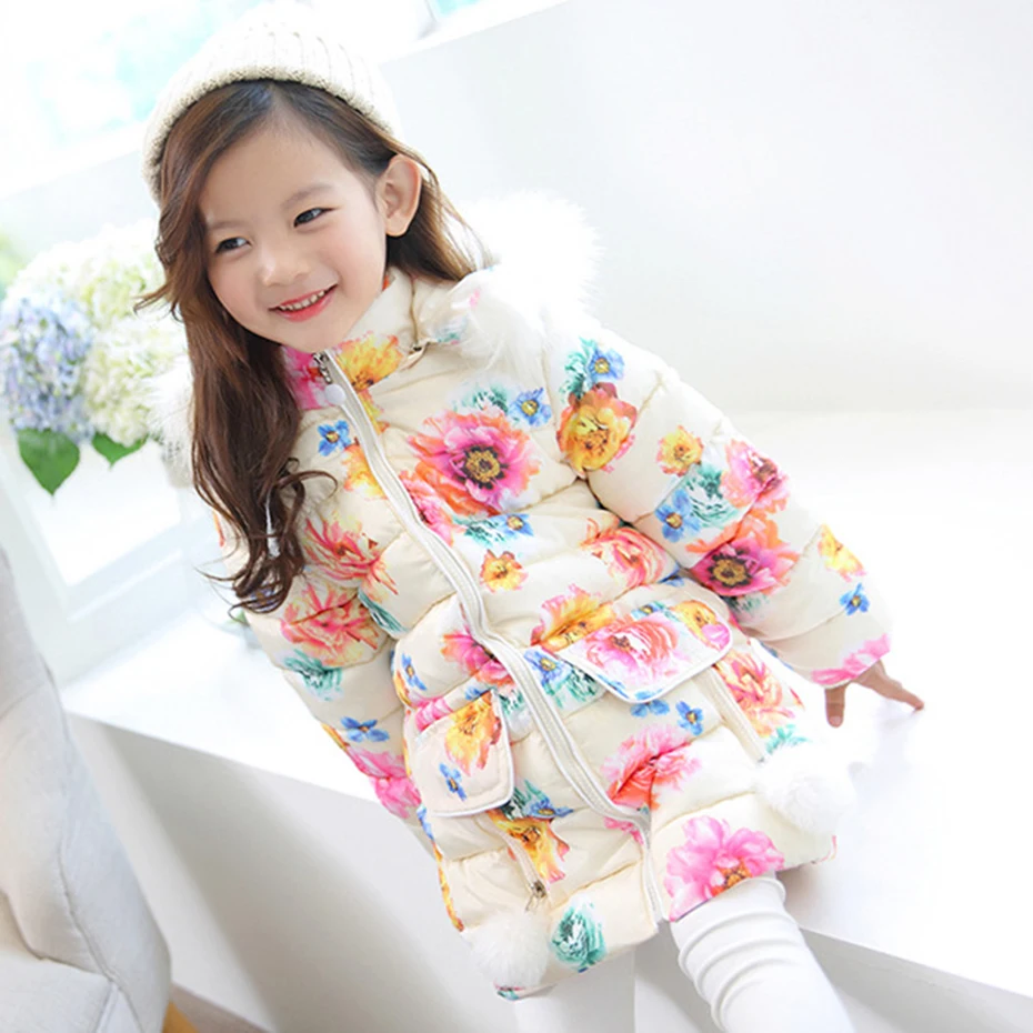 Зимние пальто для девочек с цветочным рисунком теплая верхняя одежда