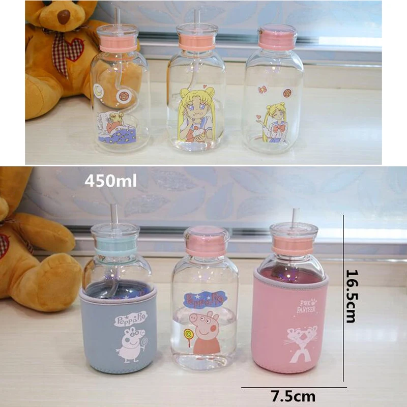 

450ML Glass Bottle With lid With Straw Drinking Water Bottles Lovely Cartoon Portable Hiking Camping My Bottle Children Kids
