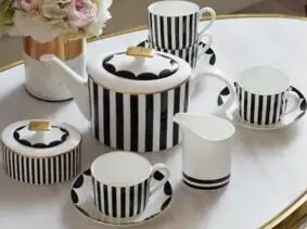 1 jar 1pot 4mugs Комплекты кофейных кружек из костяного фарфора, чайная чашка, посуда для напитков, кувшин для конфет, наборы чайников, Классические черно-белые цвета - Цвет: 1 jar 1pot 4mugs