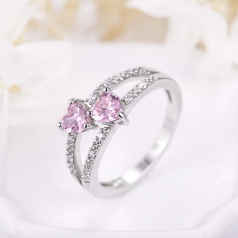 ANGELFRIGG два сердца серебряного цвета кольца с розовым CZ камнем для женщин Love You обручальное Обручальное модное ювелирное изделие подарок