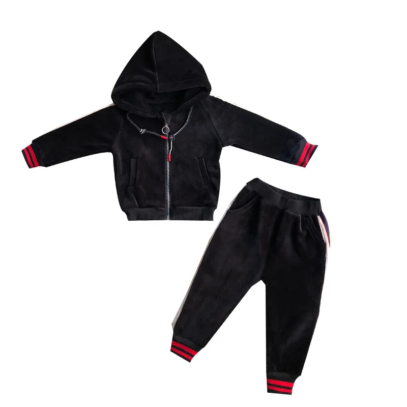 

Boys 2-8 Years Autumn Casual Sports Zipper Cardigan 2 PCS Set (Hoodie+ Long Pant) Fashion Striped Thicken Fleece Hoodies Suits