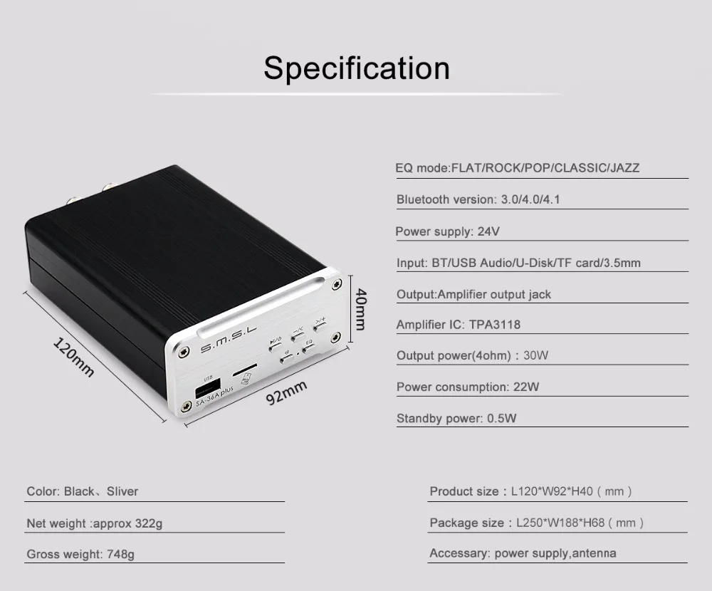 SMSL SA-36A Plus 30 Вт TPA3118 Класс d Bluetooth AUX Hi-Fi цифровой усилитель мощности серебряный