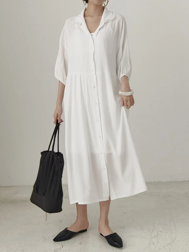 Summer Dress 2019 Fashion Lapel Half Sleeve Solid Patchwork Single Breasted Vintage Loose Long Shirt Women E073 | Женская одежда