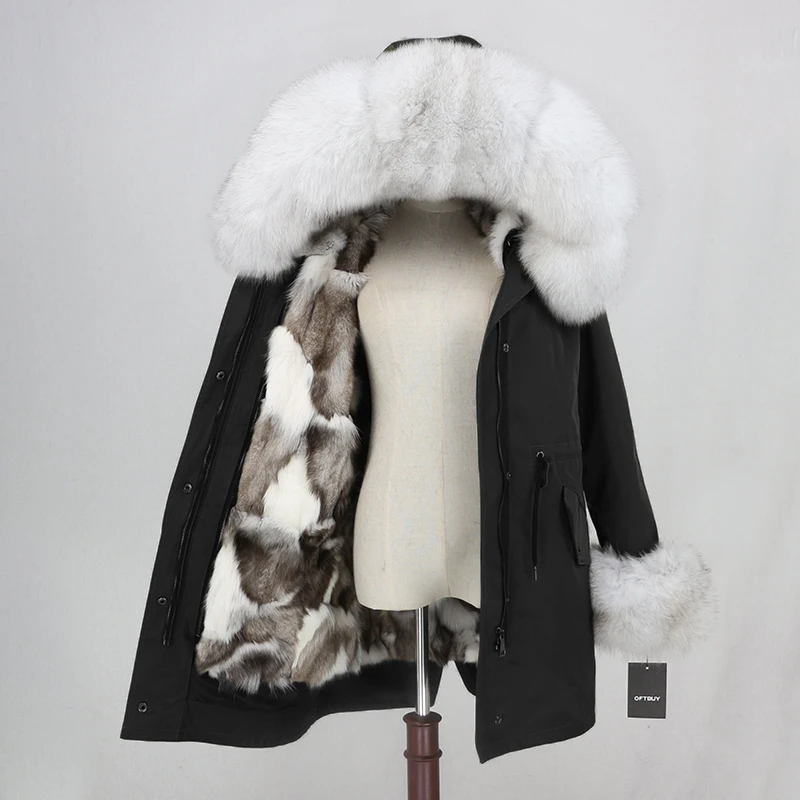black white OFTBUY натуральный мех пальто зимняя куртка Женская водонепроницаемая длинная парка натуральный Лисий Мех Верхняя одежда уличная Съемная Толстая теплая - Цвет: black white