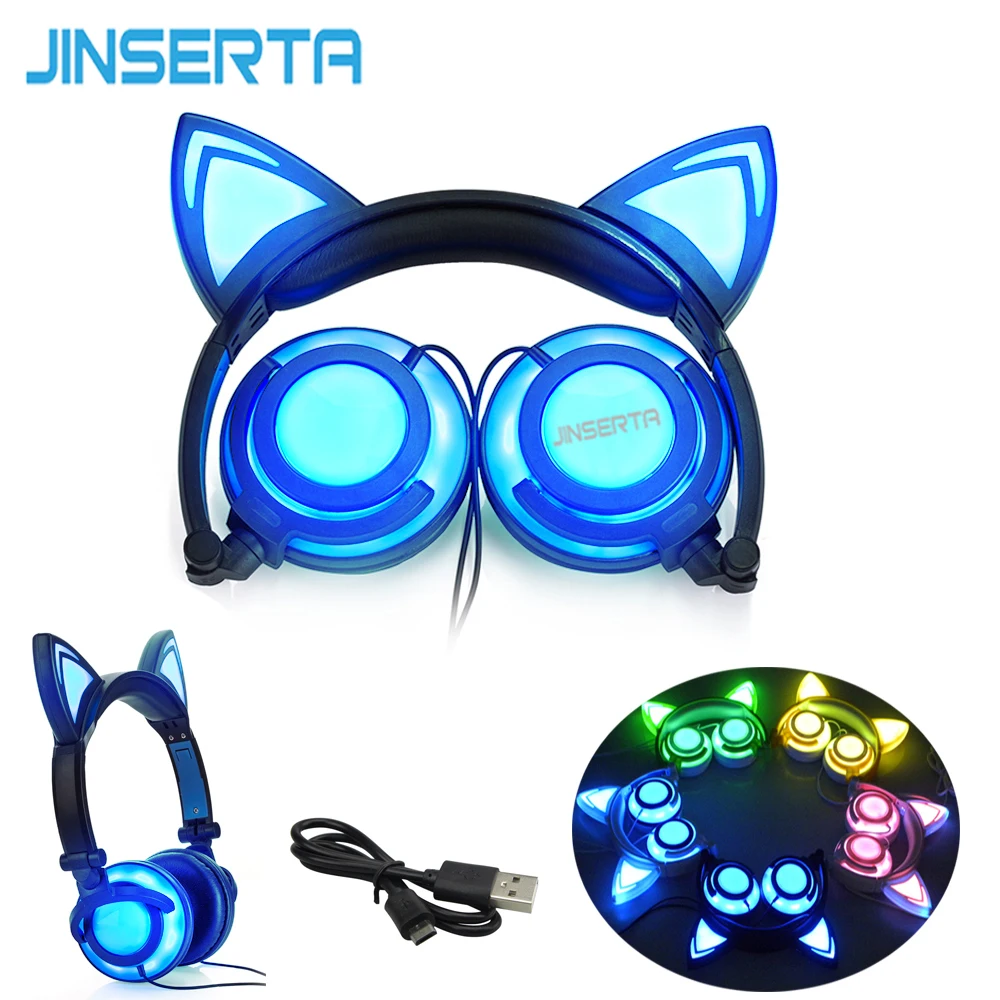 

Складные мигающие наушники JINSERTA 2018 с кошачьими ушками, игровая гарнитура, наушники светодиодный светильник кой для ПК, ноутбука, компьютера...