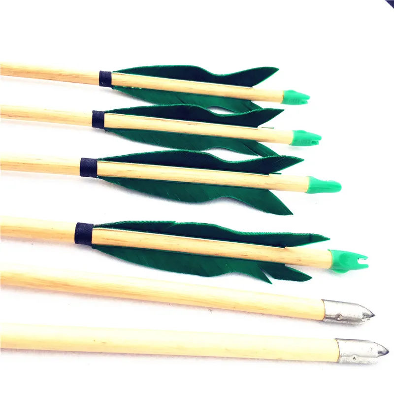 6Pk полностью зеленые настоящие перья деревянные стрелы ручной работы для