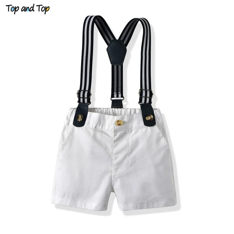 Top and Fashion Kids Boy Clothes Set Short Sleeve Plaid Shirt Tops with Bow Tie+Straps Pant Boys Casual | Детская одежда и обувь