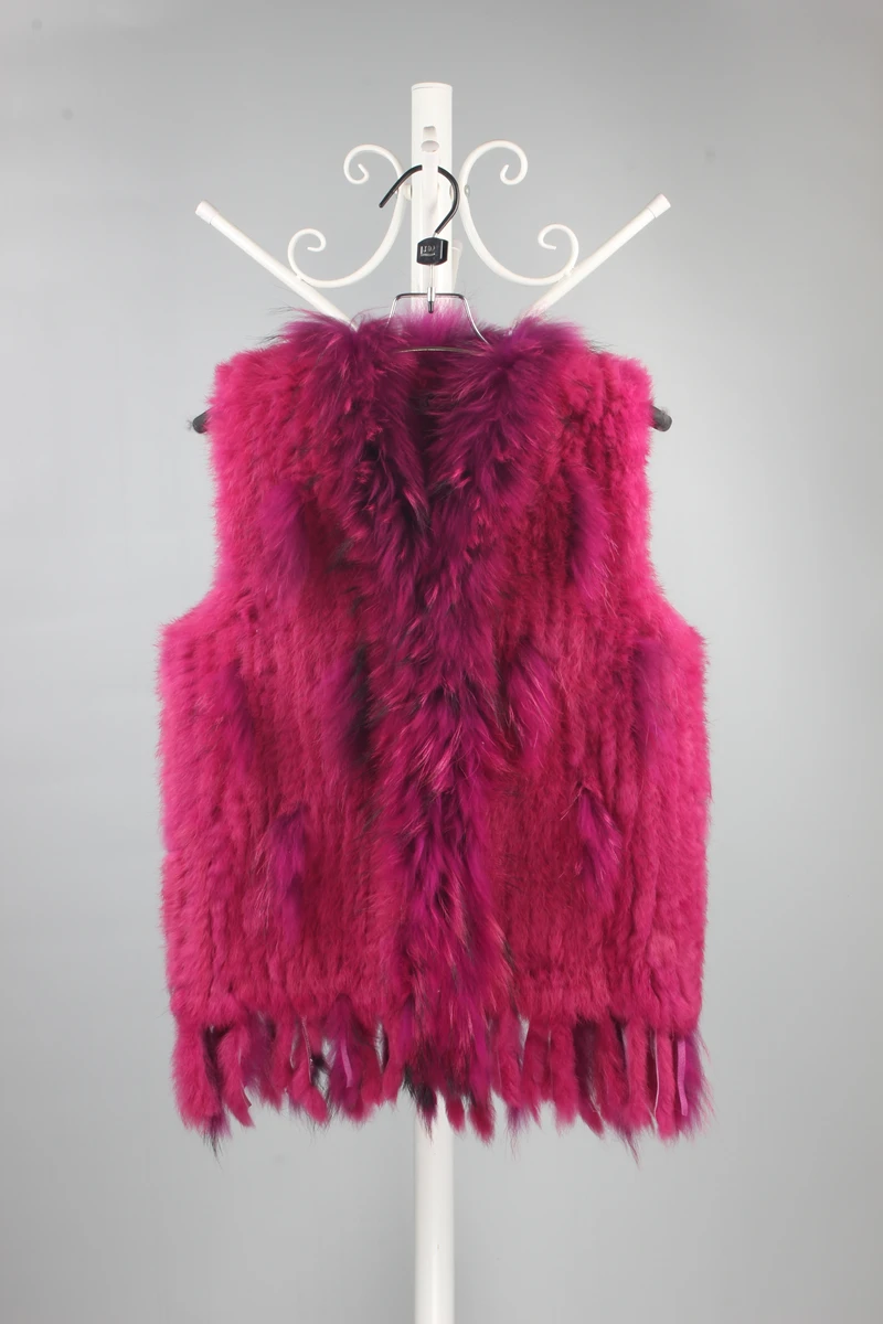 Новый натуральный вязаный жилет из кроличьего меха с воротником енота зимний