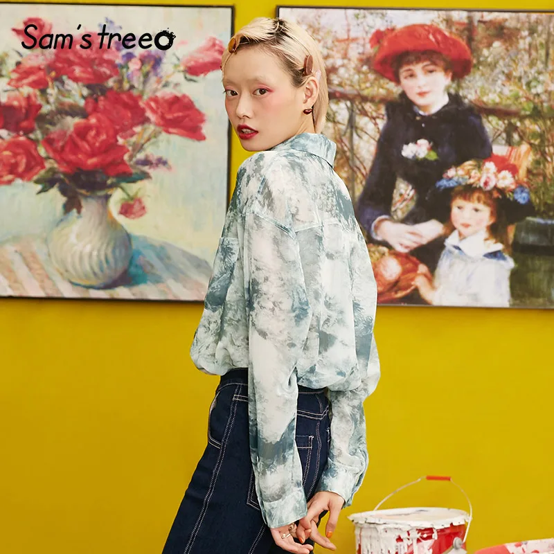 Samstree Tie Dye женские рубашки с принтом, осень, модные уличные женские блузки с длинным рукавом, винтажные свободные топы в Корейском стиле