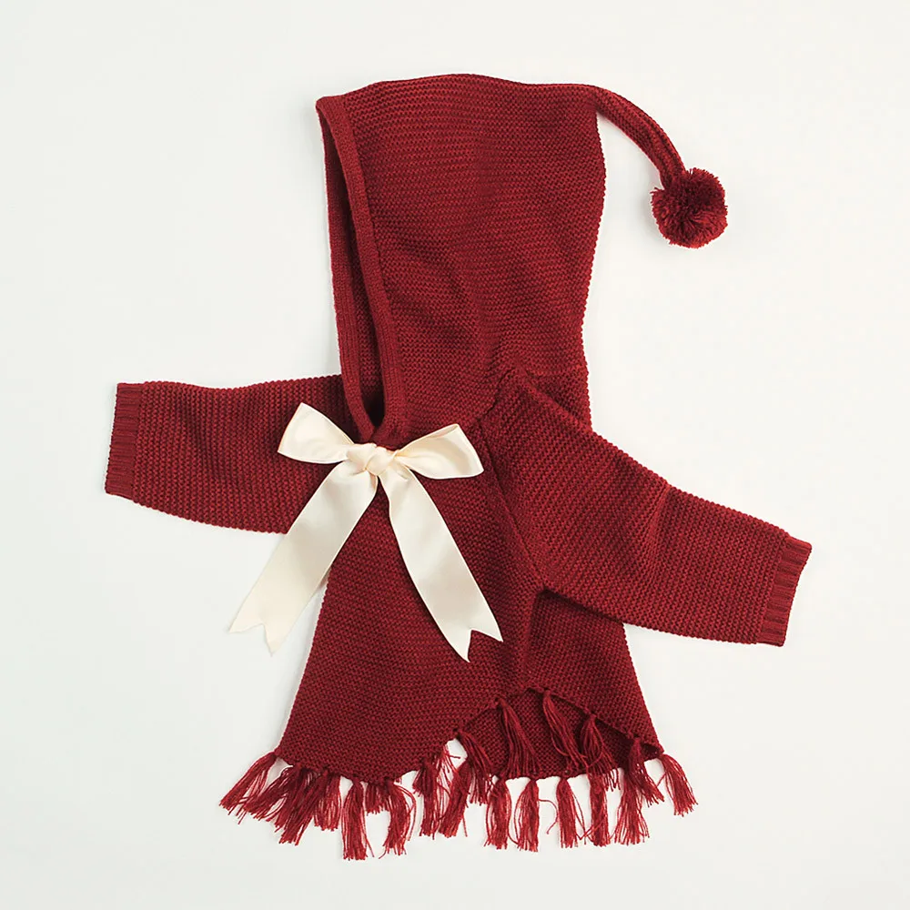 Winter Newborn Red jacket Infant Baby Boys Girls Bow Tassel Knitted Long Sleeve Hooded Tops Sweater Outfits Fringed hooded