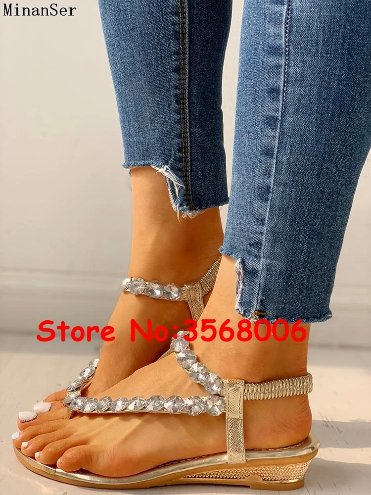 Gold Silver Slingback Thong Sandals S-shaped Crystal Classic Women Wedge Casual Outdoor Slip-on Lady Summer Shoes Woman | Обувь
