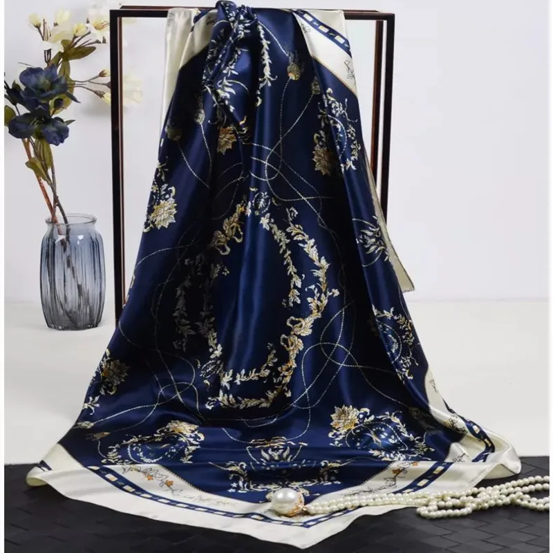 Шелковые шарфы для женщин с принтом Foulard, атласные шарфы с квадратной головкой хиджаб для дам, роскошные брендовые шали 90*90, бандана, большой шарф - Цвет: 08