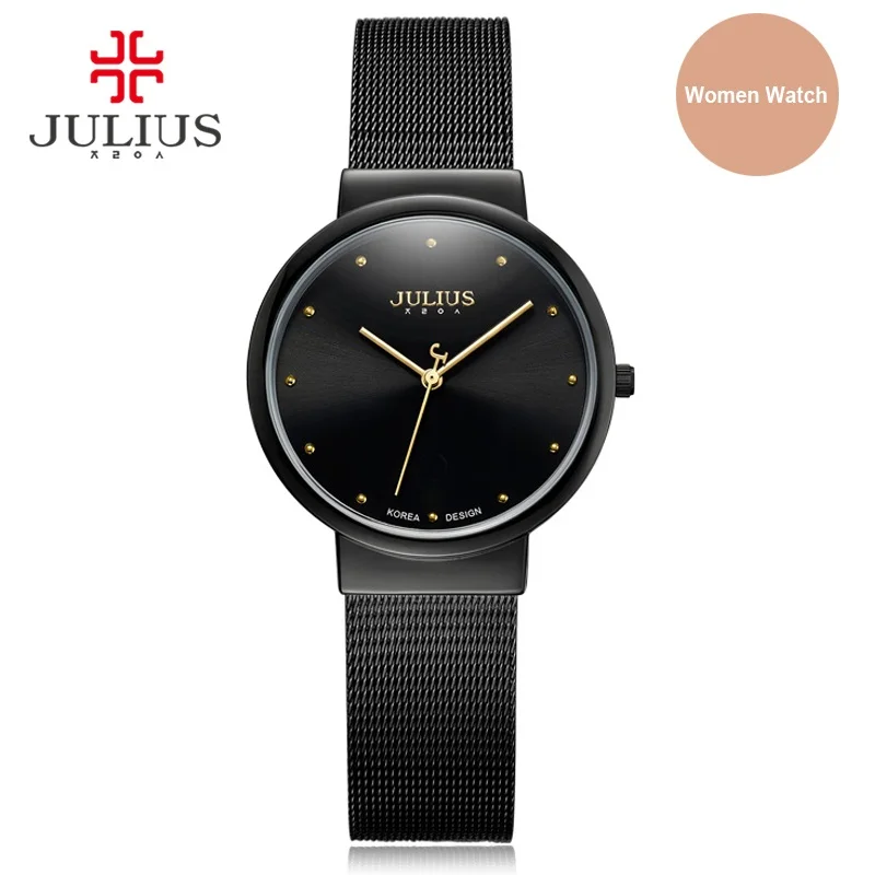 JULIUS JA-426L женские ультра тонкие серебряные золотые коричневые Черные Сетчатые модные повседневные часы из нержавеющей стали женские водонепроницаемые наручные часы - Цвет: Full Black women