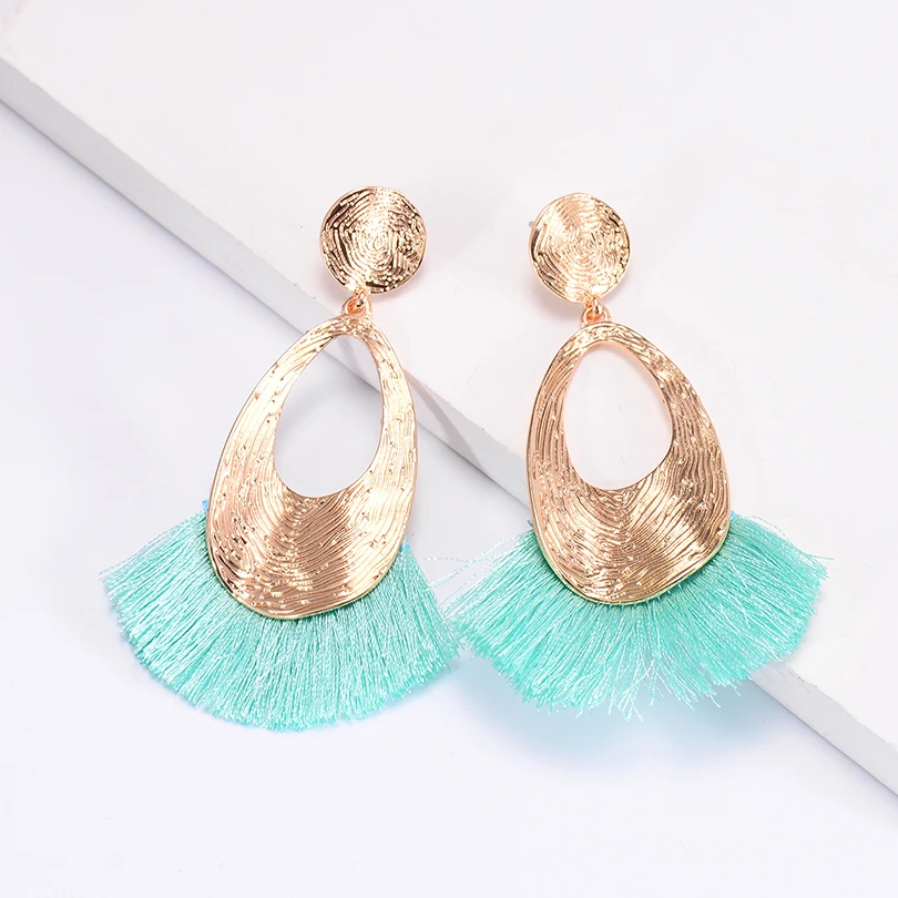 Boho Style Multi Color Big Sector Tassel Earring Wedding Jewelry Charm Golden Alloy Long Dangle Drop Earrings for Women Hot Sale | Украшения