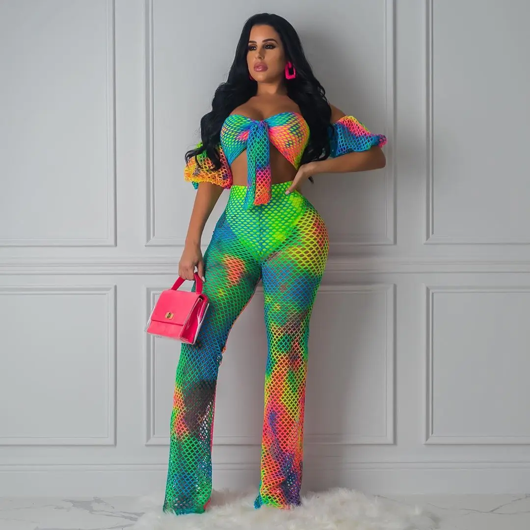 Сексуальный комплект из двух предметов Rainbow Tie Dye спортивный костюм ажурный