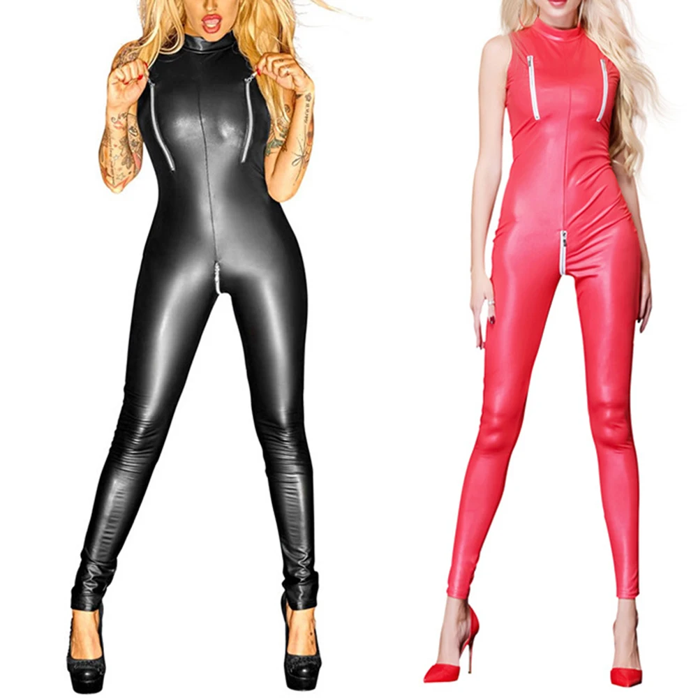 Sexy Faux Leather Zipper Open Crotch Locomotive Bodysuit Porno Club Lingerie Body Stocking Plus Size Nightclub Female Harajuku |