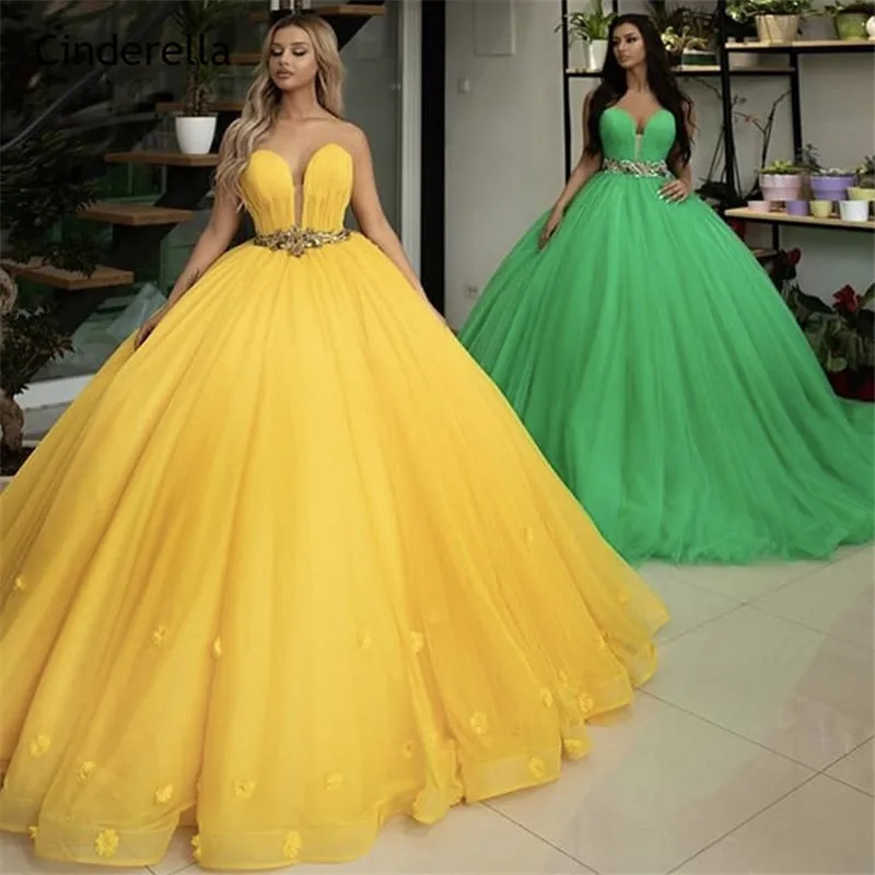 Cinderella Hot Sale Sweetheart Sleeveless Ball Gown Crystal Beaded Sash Soft Tulle Evening Dresses vestidos de fiesta noche | Свадьбы и