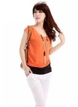Free shipping 2014women's all-match shirt o-neck color block decoration plus size loose short-sleeve top chiffon blouses AR-0172 |