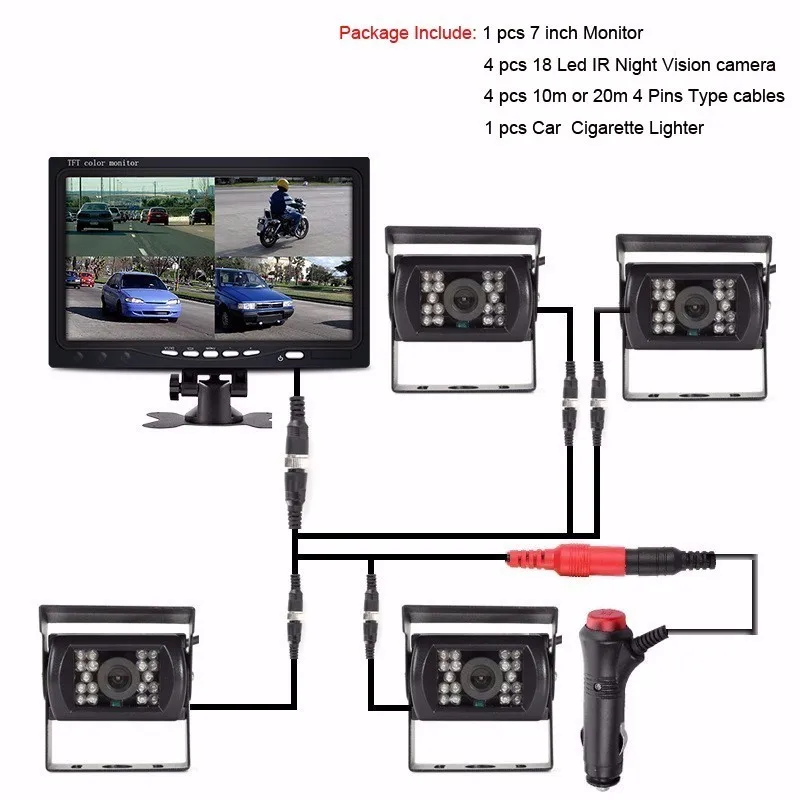 With Four Camera OHANEE " TFT lcd Автомобильный Монитор дисплей DC 12 V-24 V и 4 Pin IR камера заднего вида ночного видения для автобуса грузовика RV автоприцепа - Название цвета: With Four Camera