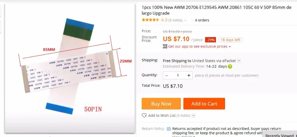 1pcs 100% New AWM 20706 E129545 20861 105C 60 V 50P 85mm de largo Upgradeboard |