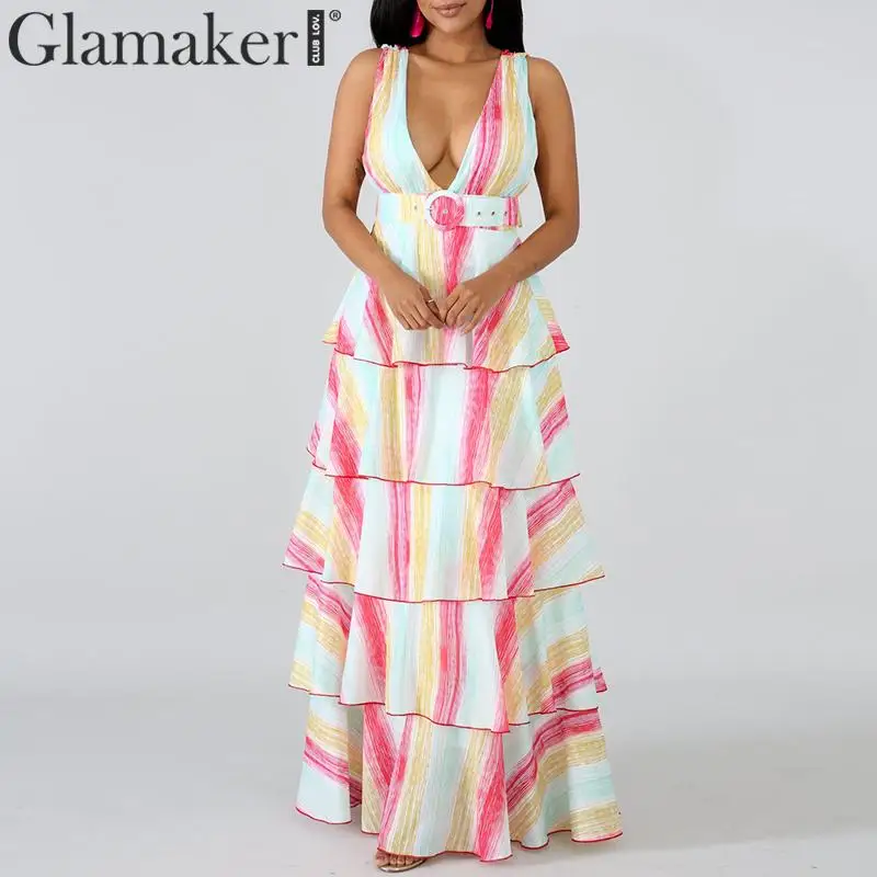 Glamaker Многоуровневое Платье макси с высокой талией и оборками женское летнее