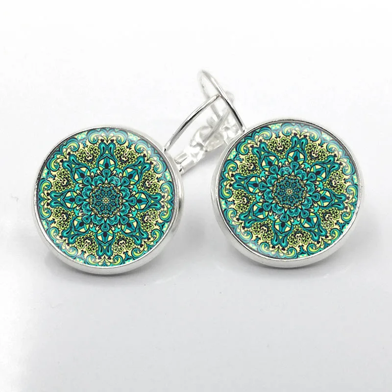 1 пара очаровательных сережек мандалы 16 мм Стеклянная Серебряная сережка символ