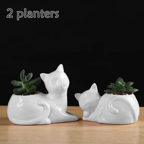 2 Pieces White Белый керамический горшок для кошек Розовый котенок парный цветочный горшок для суккуленты кактус растения для дома и сада декор с дренажным отверстием - Цвет: 2 Pieces White