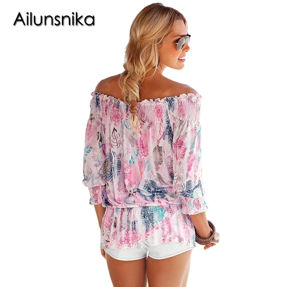 Ailunsnika Bohemian Floral Print Off Shoulder Half Sleeve Vintage Shirts For Women Sexy Beach Ethnic Blouse Casual Tops DL251341 |