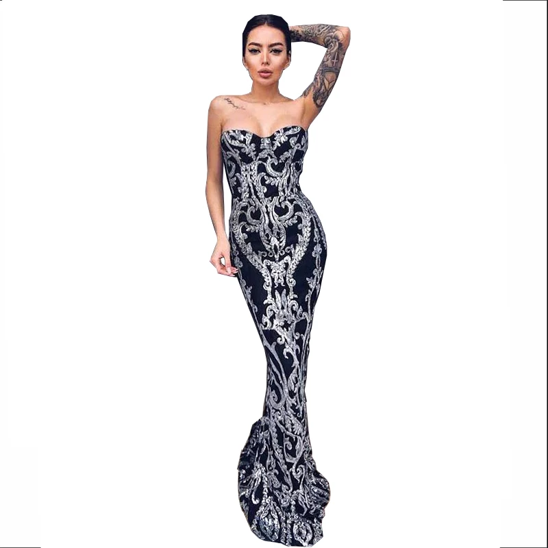 Voobuyla пикантные бюстгальтер с открытыми плечами Ретро Геометрия блесток женский платья для женщин для длина до пола без бретелек Вечерние ЭЛЕГАНТ
