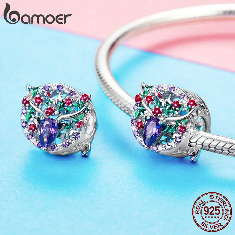 BAMOER, натуральная 925 пробы, серебристый циркониевый, Лаки, лось, олень, круглые подвески, бусины, подходят для женщин, браслеты, сделай сам, ювелирные изделия BSC033