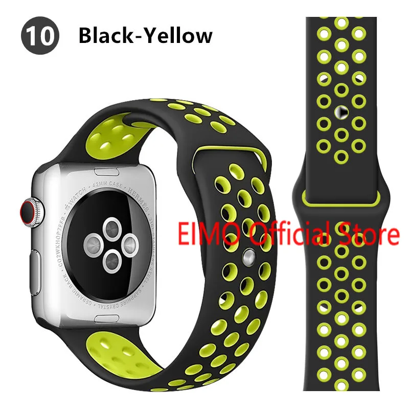 black yellow10 Ремешок для Apple Watch, 44 мм, 40 мм, 42 мм, 38 мм, iwatch series 5, 4, 3, 2, 1, спортивный силиконовый браслет, ремешок для часов, аксессуары для часов - Цвет ремешка: black yellow10