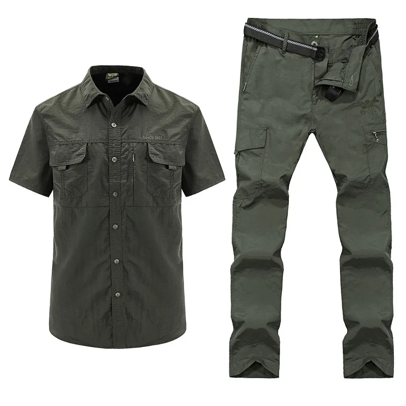arny green Uniforme Militar, Мужская тактическая ткань, быстросохнущая Военная рубашка, дышащая рубашка с коротким рукавом и штаны, мужские военные рубашки, наборы - Цвет: arny green