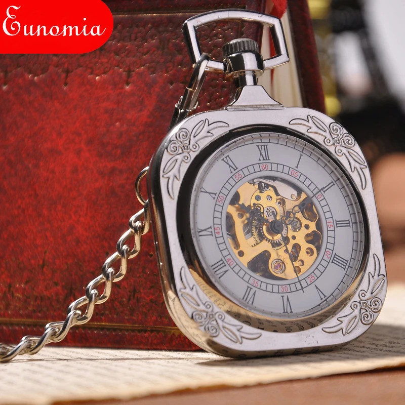 Площадь Серебряный Простой аналоговый Винтаж Для мужчин модные часы с цепочкой