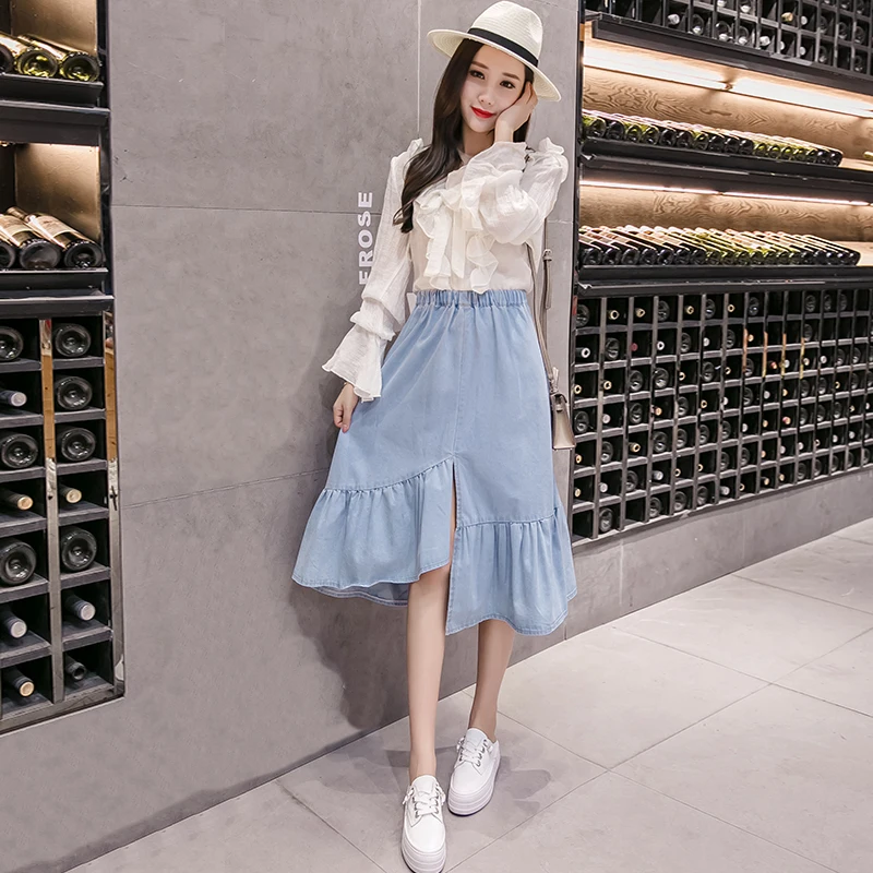 Women denim skirt jeans high waist woman skirts womens fashion calf length a-line elastic all-match blue midi | Женская одежда