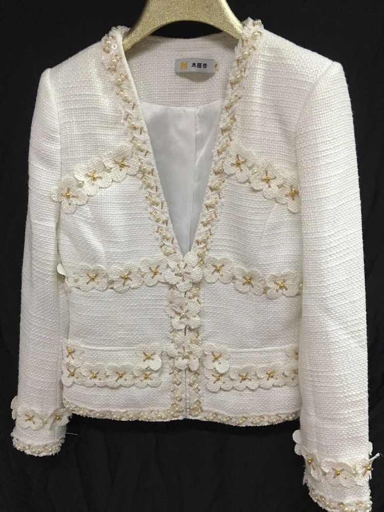 Handmade 2019 Runway Designer Luxury Brand Suit Fashion Vintage V Neck Stereoscopic Floral Beading Tweed Wool Jacket