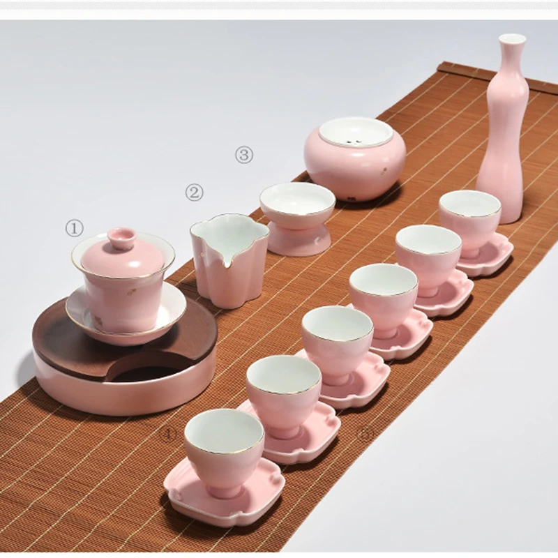 Краткое китайский розовый Gaiwan керамика и фарфор Чайный набор кунг-фу Улун чайник чайный чайник Набор лотков для друга подарок