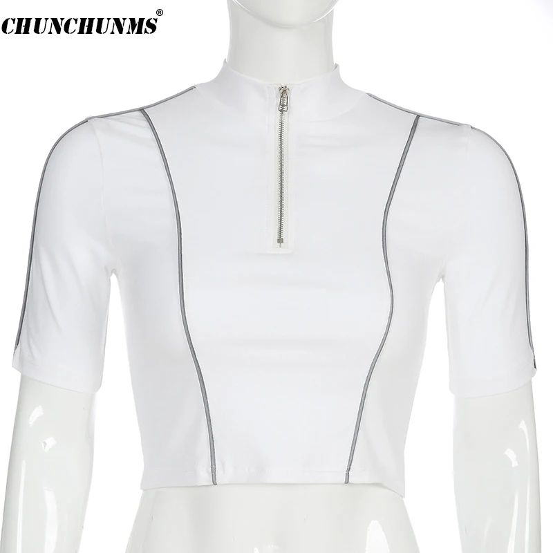 

2019 Reflective Stripe Women Tee Top Sexy Short Solid Women T-shirt Zipper Collar Slim Casual Crop Top Summer Short Sleeve Top