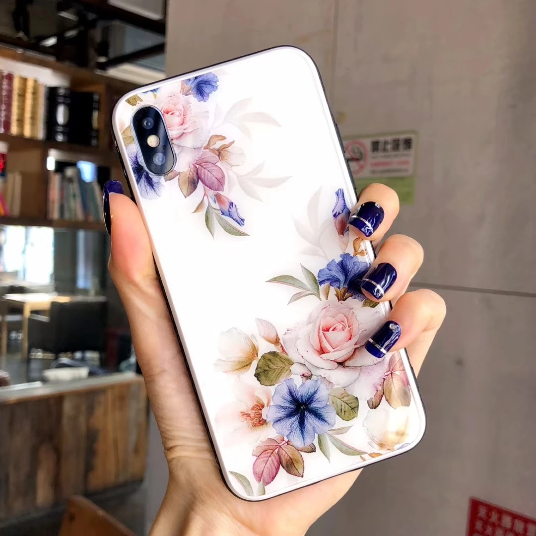 Красивый чехол из закаленного стекла с розами для iPhone 7, чехол для iPhone XS, XR, Max, чехол для iPhone 6, 6 S, 7, 8 Plus, X, Funda Coque