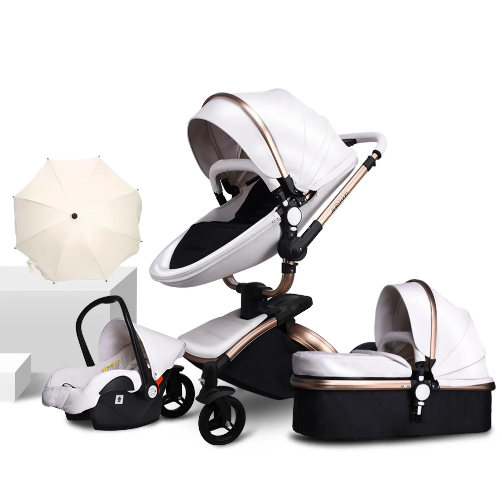 HK бесплатно! Babyfond, PU искусственная кожа, высокое качество, водонепроницаемая кожаная Роскошная коляска 3 в 1 разные цвета и алюминиевым каркасом - Цвет: Golden frame white