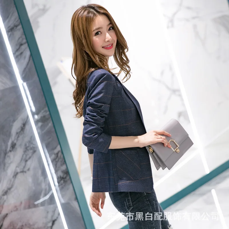 Осенняя мода корейский женский Блейзер Куртка Новая плед Карманы пальто Тонкий