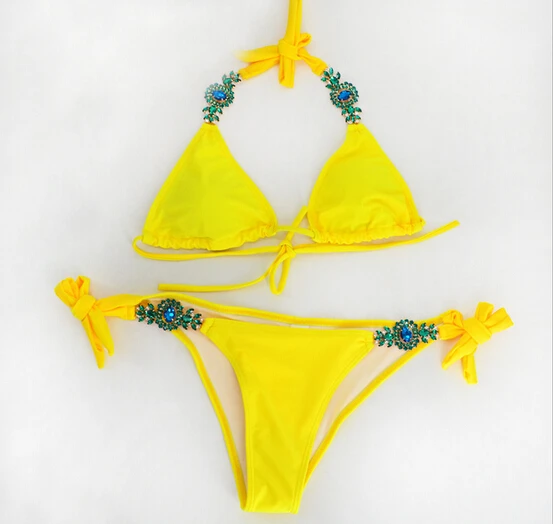 Sexy Women Brazilian swimsuit bikini set Green Yellow Summer Ladies Bandage Diamond Monokini Bathing Suit Swimwear Beachwear | Женская