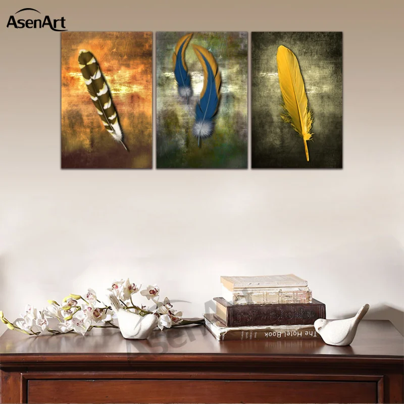 Картина на холсте в стиле ретро цветная картина из 3 предметов с перьями