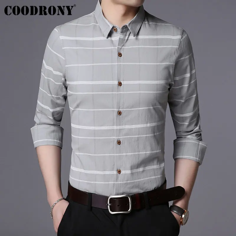 Серый COODRONY, мужская рубашка, модная, в полоску, с длинным рукавом, рубашка, Мужская одежда, осень, Новое поступление, повседневные рубашки, хлопок, Camisa Masculina 96027 - Цвет: Серый