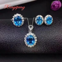 xin yi peng 925 silver inlaid natural blue topaz stone necklace pendant earrings ring jewelry set women elegant and generous