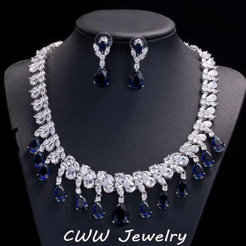 Cwwzircon великолепные Rayal синие фианиты обручальные свадебные серьги и ожерелье